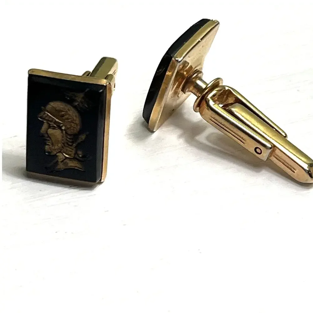 Vintage Hickok Roman Soldier Cufflinks Black Intaglio Glass Gold Tone